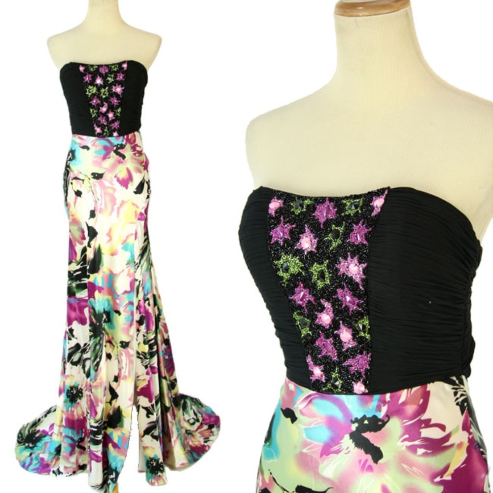 NWT Party Time Formals Multi Ruched Slit-Skirt
